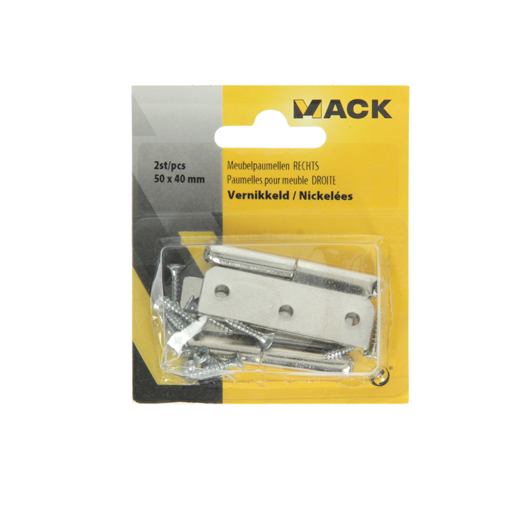 Mack 1013465 - 2 charnières de meuble droite nickelées h 50 x l 40 mm | 5 pièces