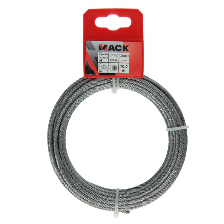 Mack 1015814 - câble en acier galvanisé 6x7 10m 3mm largeur 100 kg din en 12385-4 | 5 pièces