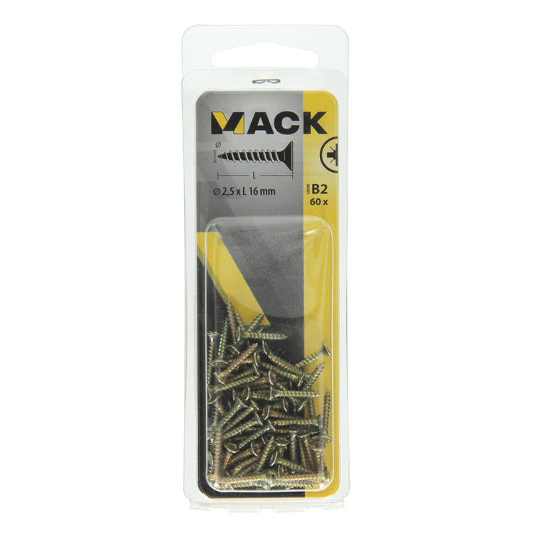 Mack 1017214 - vis pour panneaux d'aggloméré avec tête plaquée jaune 60 pcs 2,5 x 16 mm | 10 pièces