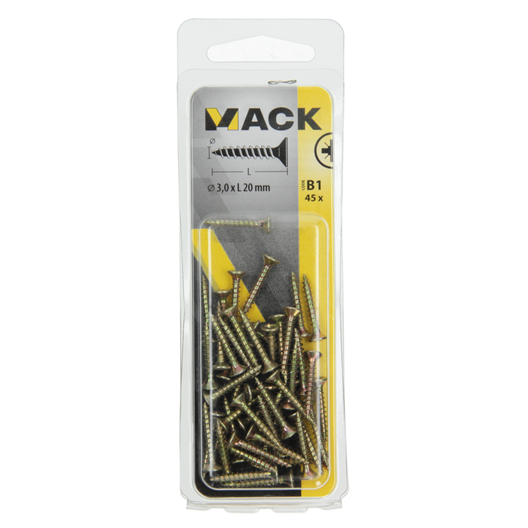 Mack 1017217 - vis pour panneaux d'aggloméré avec tête plaquée jaune 45 pcs 3,0 x 20 mm | 10 pièces