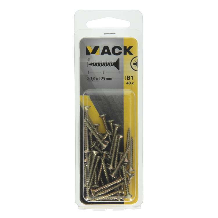 Mack 1017218 - vis pour panneaux d'aggloméré avec tête plaquée jaune 40 pcs 3,0 x 25 mm | 10 pièces