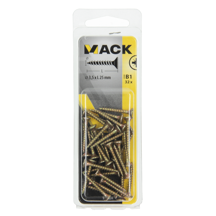 Mack 1017224 - vis pour panneaux d'aggloméré avec tête plaquée jaune 32 pcs 3,5 x 25 mm | 10 pièces
