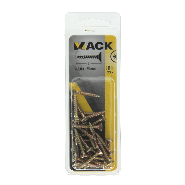 Mack 1017232 - vis pour panneaux d'aggloméré avec tête plaquée jaune 25 pièces 4,0 x 25 mm | 10 pièces