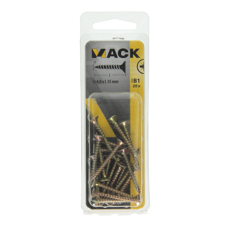 Mack 1017234 - vis pour panneaux d'aggloméré avec tête plaquée jaune 20 pcs 4,0 x 35 mm | 10 pièces