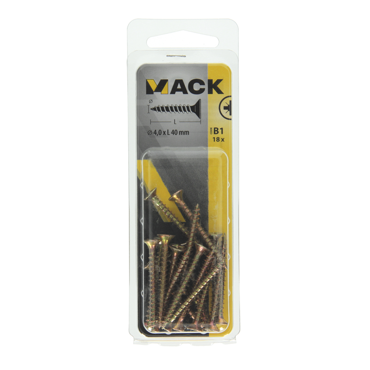 Mack 1017235 - vis pour panneaux d'aggloméré avec tête plaquée jaune 18 pièces 4,0 x 40 mm | 10 pièces