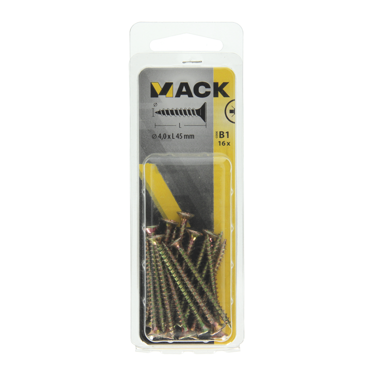 Mack 1017236 - vis pour panneaux d'aggloméré avec tête plaquée jaune 16 pcs 4,0 x 45 mm | 10 pièces