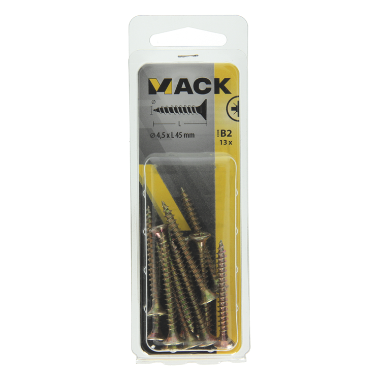 Mack 1017246 - vis pour panneaux d'aggloméré avec tête plaquée jaune 13 pcs 4,5 x 45 mm | 10 pièces