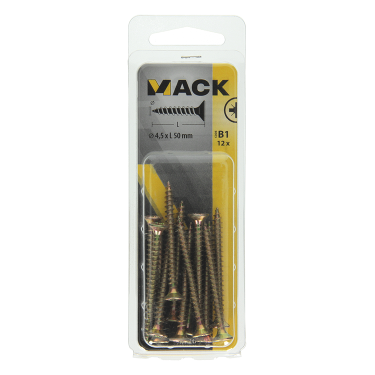 Mack 1017247 - vis pour panneaux d'aggloméré avec tête plaquée jaune 12 pcs 4,5 x 50 mm | 10 pièces