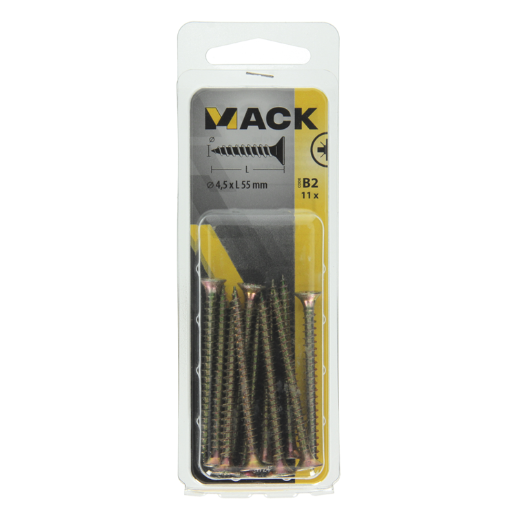 Mack 1017248 - vis pour panneaux d'aggloméré avec tête plaquée jaune 11 pcs 4,5 x 55 mm | 10 pièces