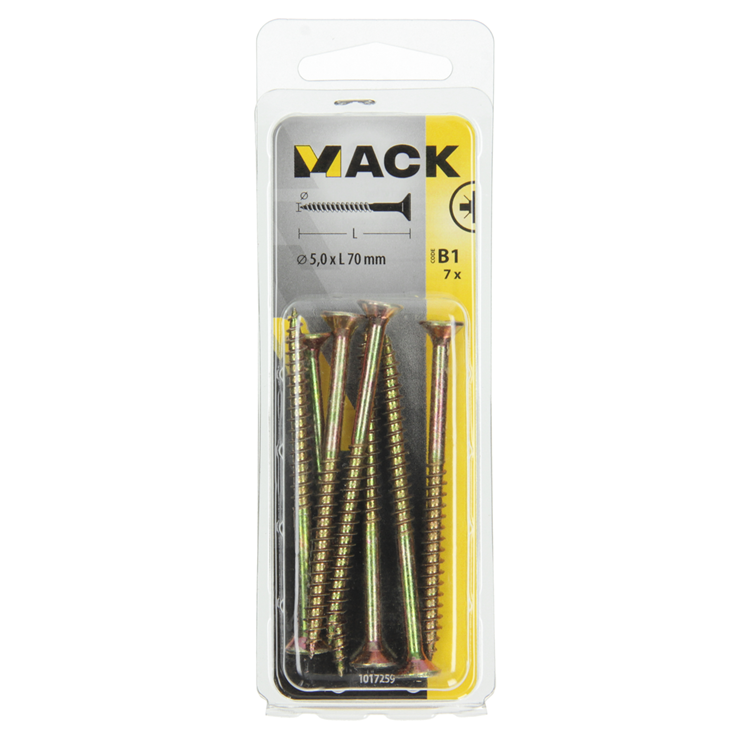 Mack 1017259 - vis pour panneaux d'aggloméré avec tête plaquée jaune. 7 pièces 5,0 x 70 mm | 10 pièces