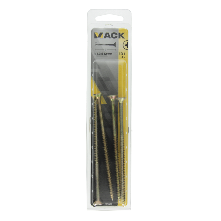 Mack 1017268 - vis pour panneaux d'aggloméré avec tête plaquée jaune. 4 pièces 6,0 x 120 mm | 5 pièces