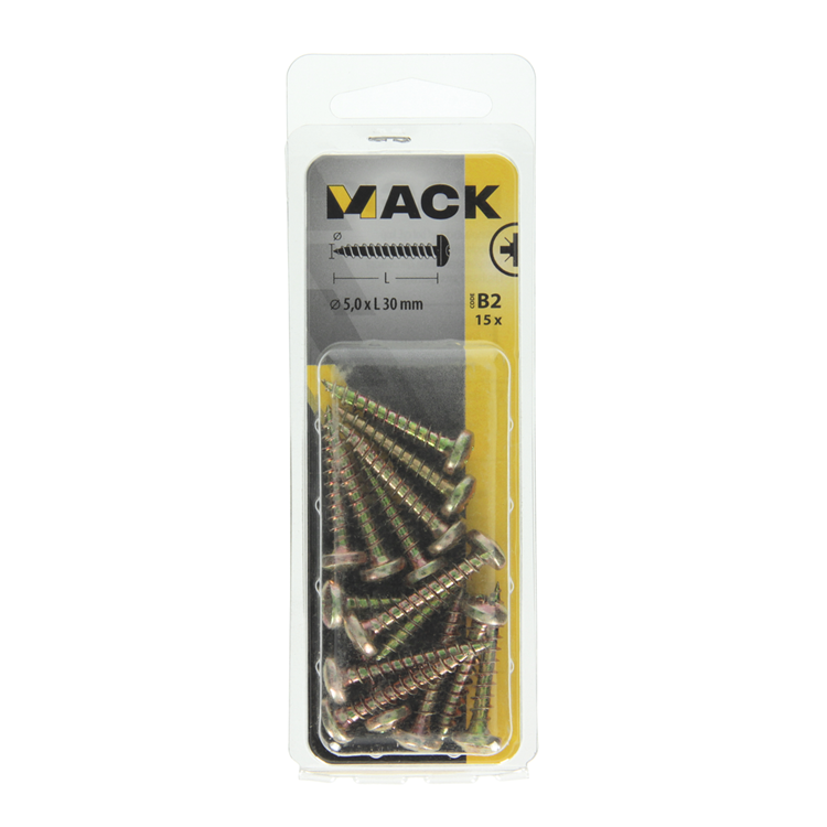 Mack 1017279 - vis pour panneaux d'aggloméré à tête cylindrique plaquée jaune 15 pièces 5,0 x 30 mm | 10 pièces