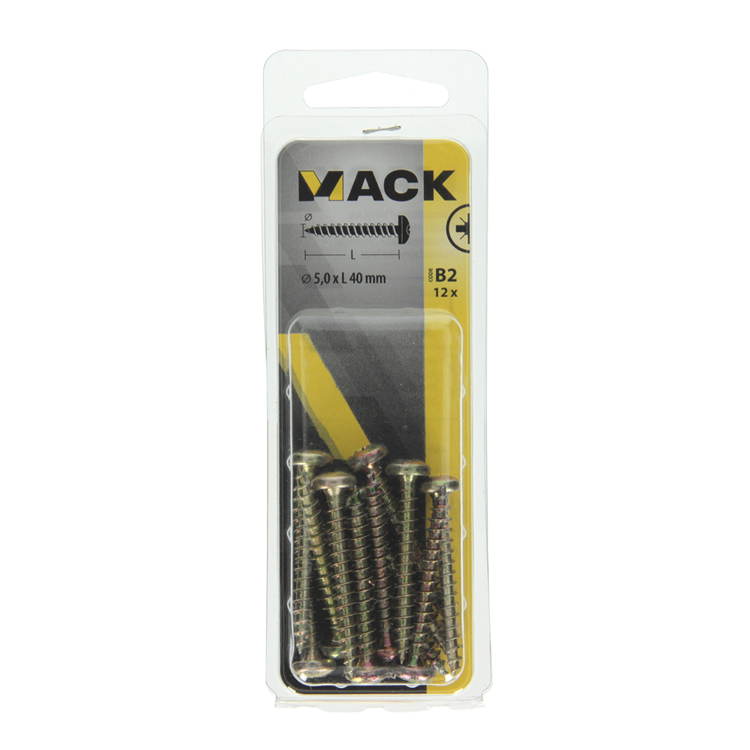 Mack 1017280 - vis pour panneaux d'aggloméré à tête cylindrique plaquée jaune 12 pièces 5,0 x 40 mm | 10 pièces