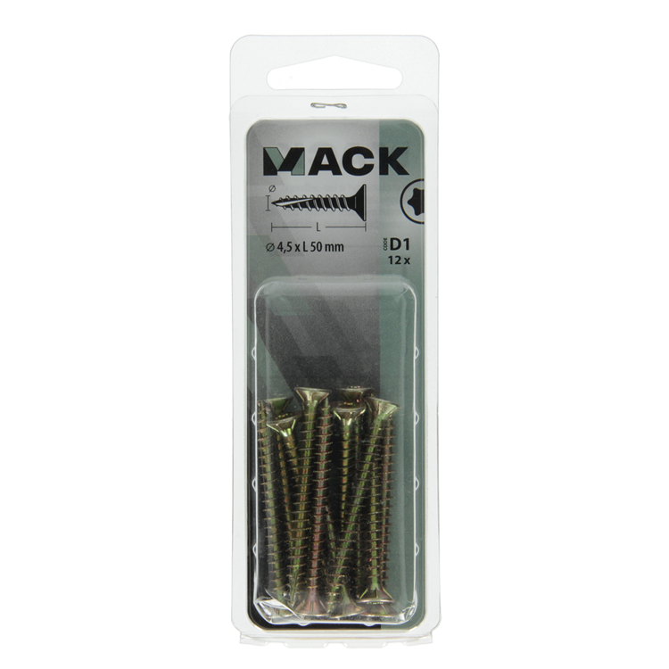 Mack 1017307 - spaanplschr.vzkop-auto-assemblage plaqué jaune 12 pièces 4,5 x 50 mm | 10 pièces