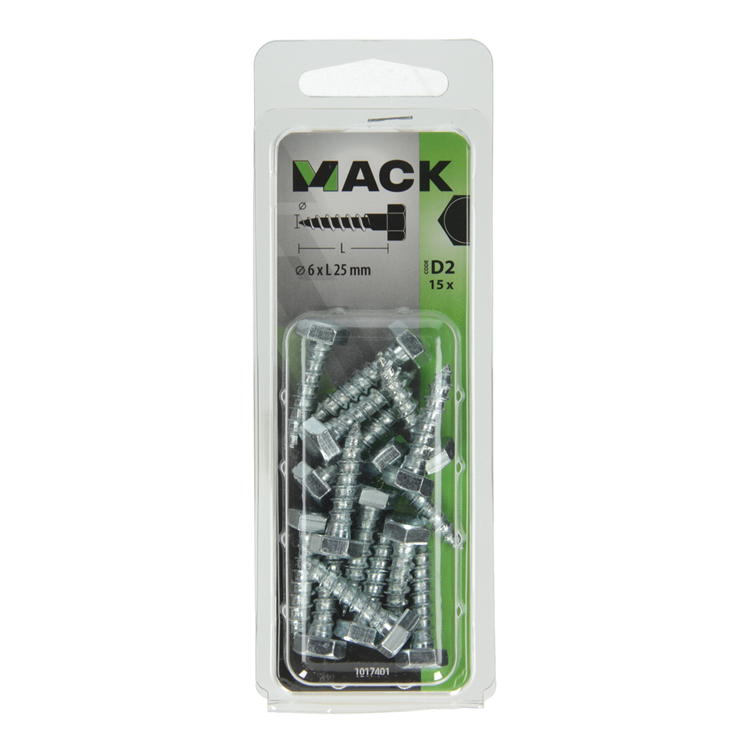 Mack 1017401 - boulon fileté à bois en acier galvanisé 15 pièces 6 x 25 mm | 10 pièces