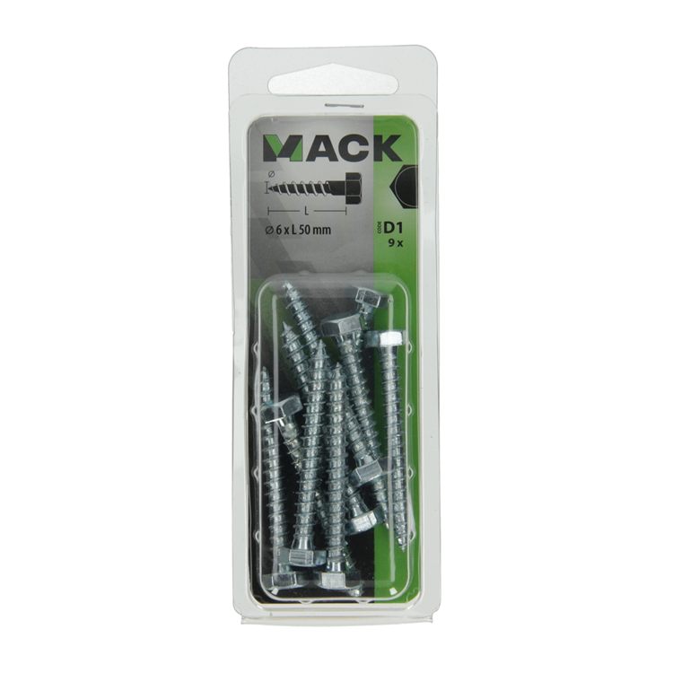 Mack 1017405 - boulon fileté à bois en acier galvanisé 9 pièces 6 x 50 mm | 10 pièces