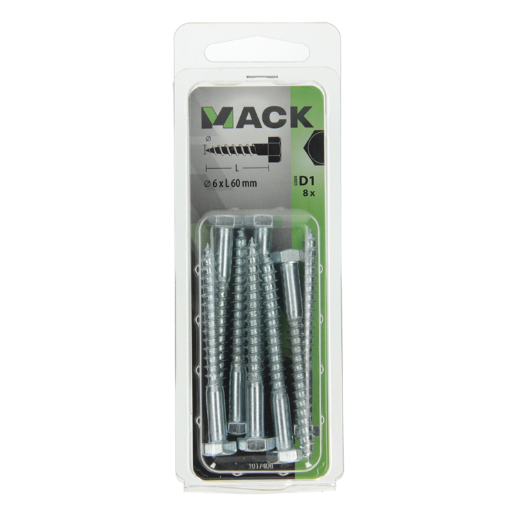 Mack 1017406 - boulon fileté à bois en acier galvanisé 8 pièces 6 x 60 mm | 10 pièces
