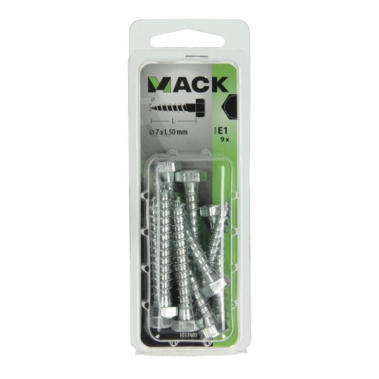 Mack 1017409 - boulon fileté à bois en acier galvanisé 9 pièces 7 x 50 mm | 5 pièces