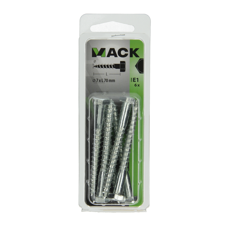 Mack 1017411 - boulon fileté à bois en acier galvanisé 6 pièces 7 x 70 mm | 5 pièces