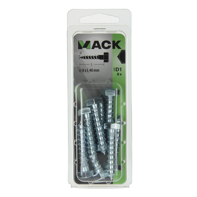 Mack 1017414 - boulon fileté à bois en acier galvanisé 8 pièces 8 x 40 mm | 5 pièces