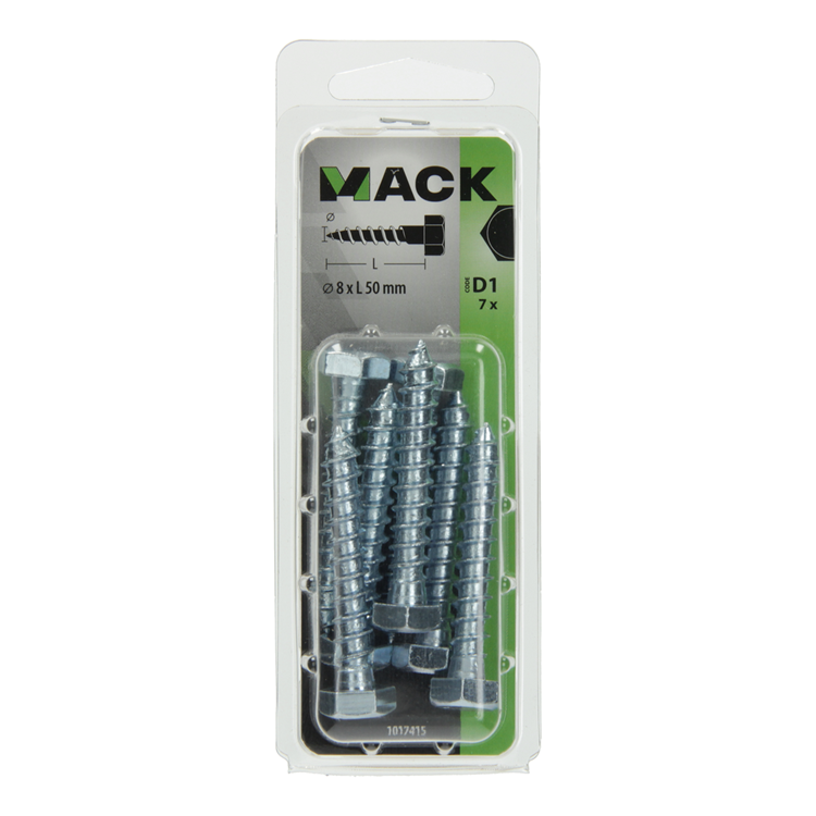 Mack 1017415 - boulon fileté à bois en acier galvanisé 7 pièces 8 x 50 mm | 5 pièces