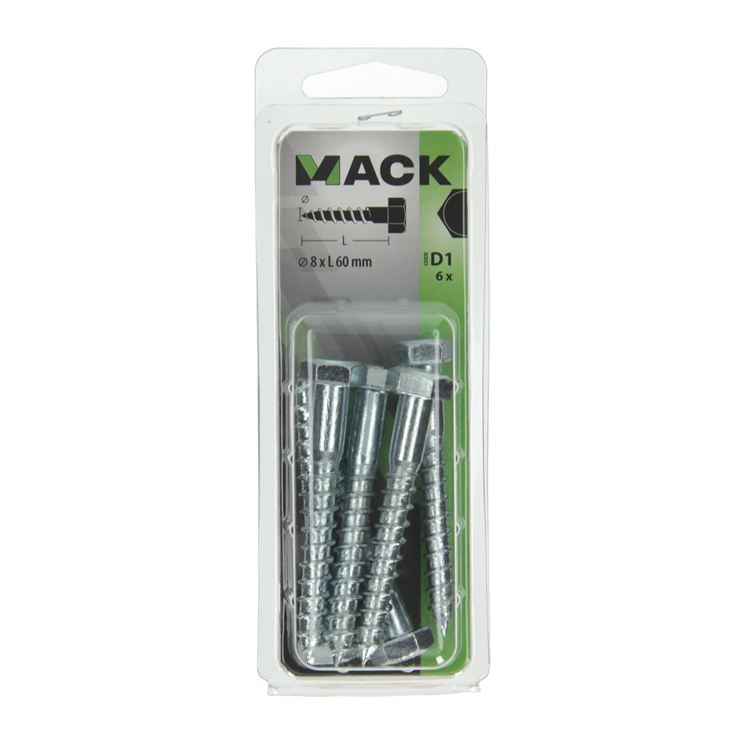 Mack 1017416 - boulon fileté à bois en acier galvanisé 6 pièces 8 x 60 mm | 5 pièces