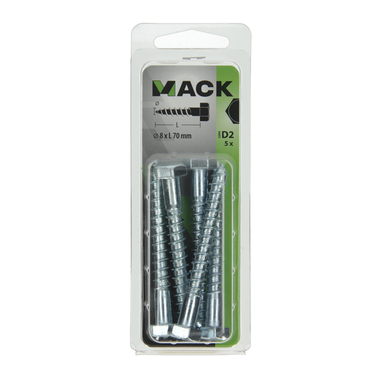 Mack 1017417 - boulon fileté à bois en acier galvanisé 5 pièces 8 x 70 mm | 5 pièces