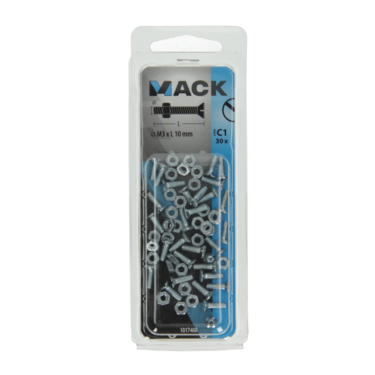 Mack 1017488 - vis à métal galvanisée. tête + écrou plaqué 30pcs m3 x 10 mm | 10 pièces