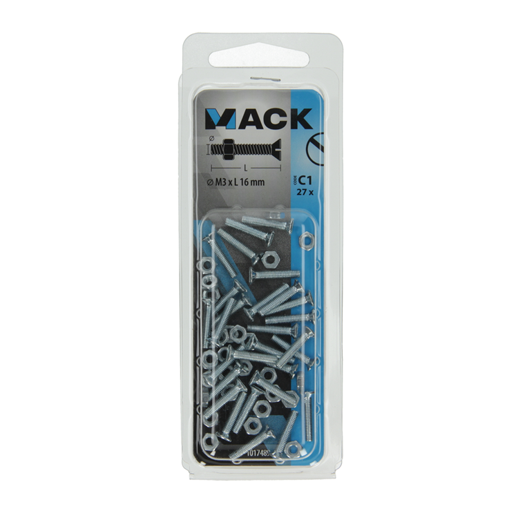 Mack 1017489 - vis à métal galvanisée. tête + écrou plaqué 27pcs m3 x 16 mm | 10 pièces