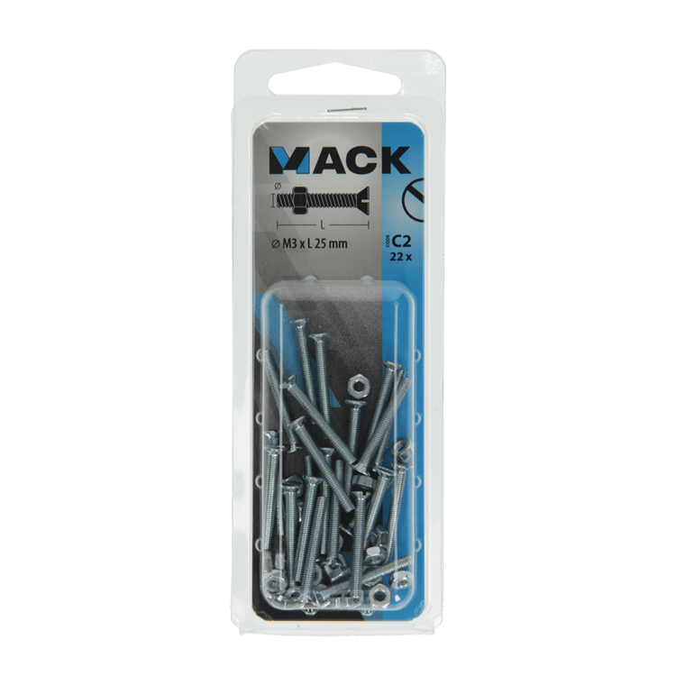 Mack 1017490 - vis à métal galvanisée. tête + écrou plaqué 22pcs m3 x 25 mm | 10 pièces