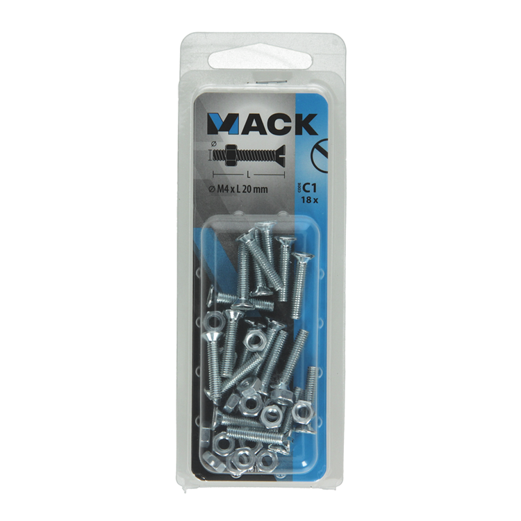 Mack 1017492 - vis à métal galvanisée. tête + écrou plaqué 18pcs m4 x 20 mm | 10 pièces