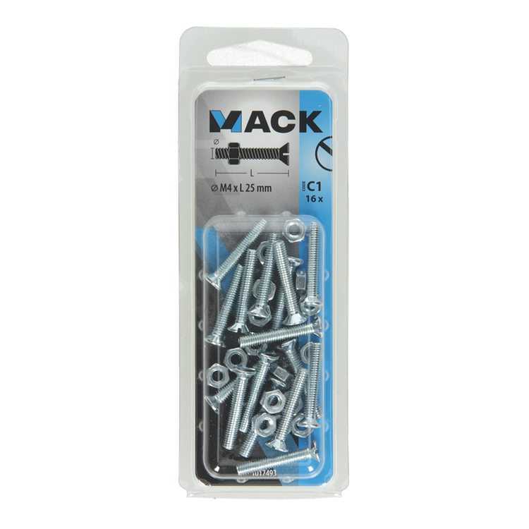 Mack 1017493 - vis à métal galvanisée. tête + écrou plaqué 16pcs m4 x 25 mm | 10 pièces