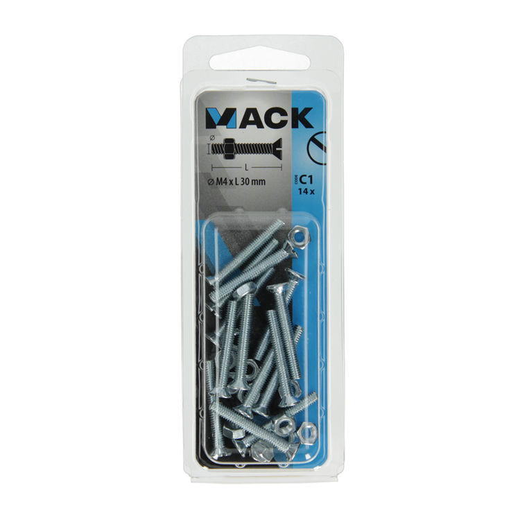 Mack 1017494 - vis à métal galvanisée. tête + écrou plaqué 14pcs m4 x 30 mm | 10 pièces