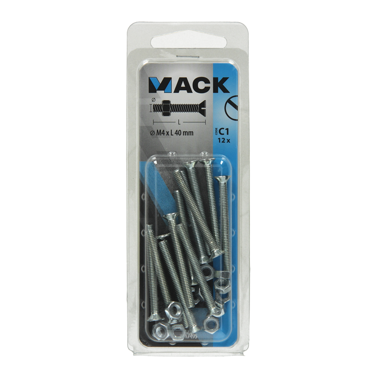 Mack 1017495 - vis à métal galvanisée. tête + écrou plaqué 12pcs m4 x 40mm | 10 pièces