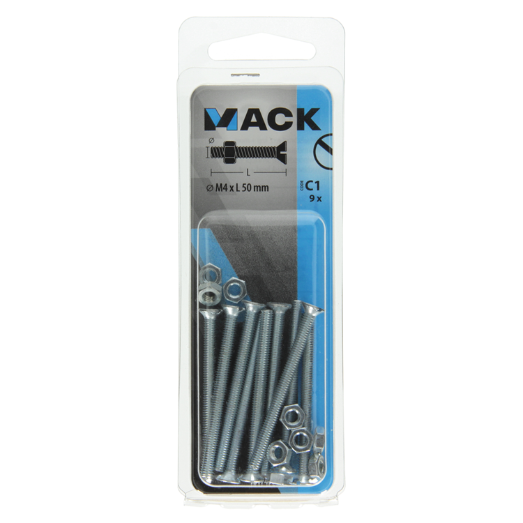 Mack 1017496 - vis à métal galvanisée. tête + écrou plaqué 9 pcs m4 x 50 mm | 10 pièces