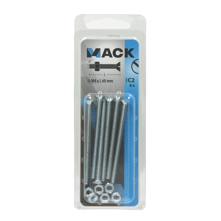 Mack 1017497 - vis à métal galvanisée. tête + écrou plaqué 6 pcs m4 x 60 mm | 10 pièces