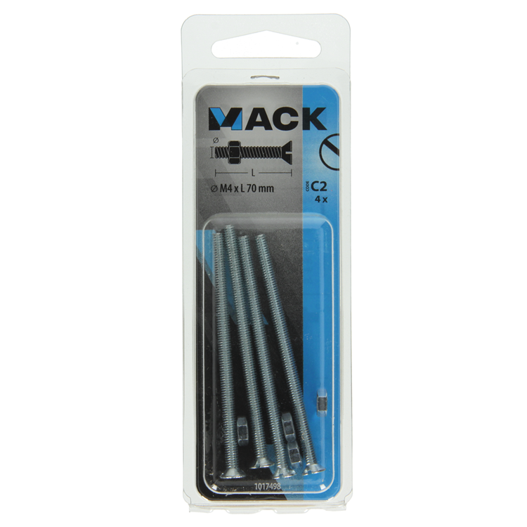 Mack 1017498 - vis à métal galvanisée. tête + écrou plaqué 4 pcs m4 x 70 mm | 10 pièces