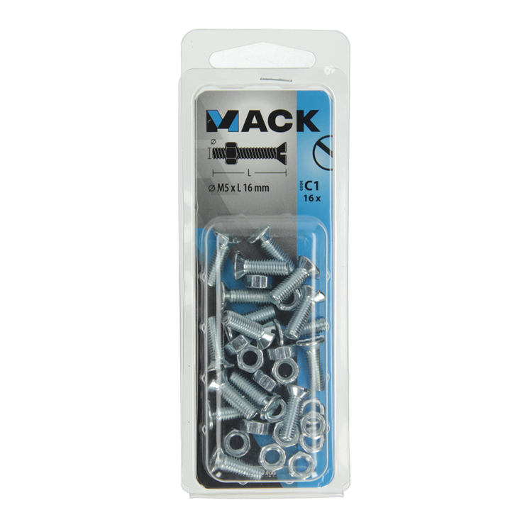 Mack 1017499 - vis à métal galvanisée. tête + écrou plaqué 16pcs m5 x 16 mm | 10 pièces