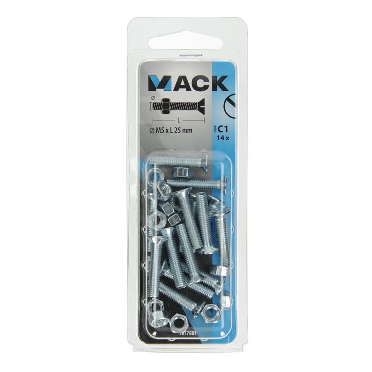 Mack 1017501 - vis à métal galvanisée. tête + écrou plaqué 14pcs m5 x 25 mm | 10 pièces