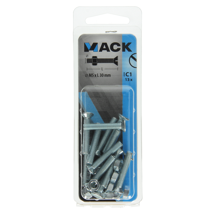 Mack 1017502 - vis à métal galvanisée. tête + écrou plaqué 13pcs m5 x 30 mm | 10 pièces