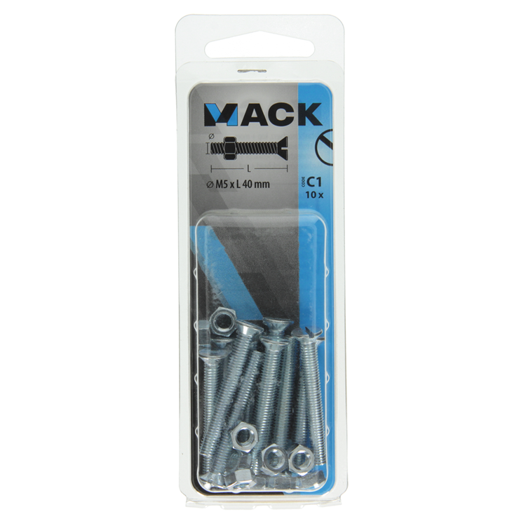 Mack 1017503 - vis à métal galvanisée. tête + écrou plaqué 10pcs m5 x 40 mm | 10 pièces