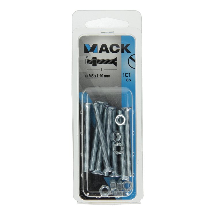 Mack 1017504 - vis à métal galvanisée. tête + écrou plaqué 8 pcs m5 x 50 mm | 10 pièces