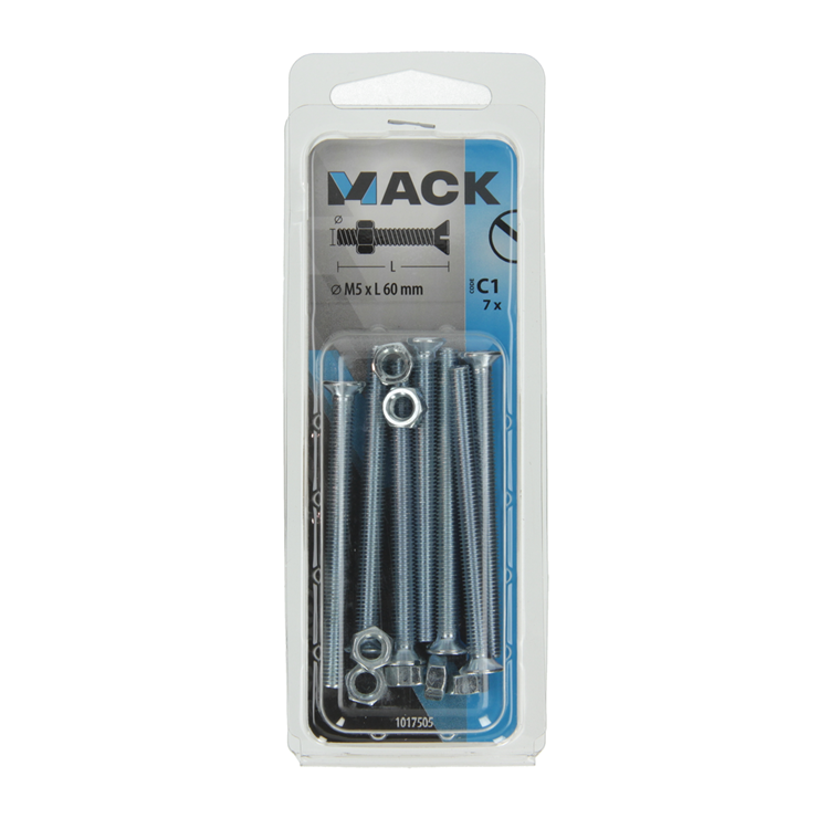 Mack 1017505 - vis à métal galvanisée. tête + écrou plaqué 7 pcs m5 x 60 mm | 10 pièces