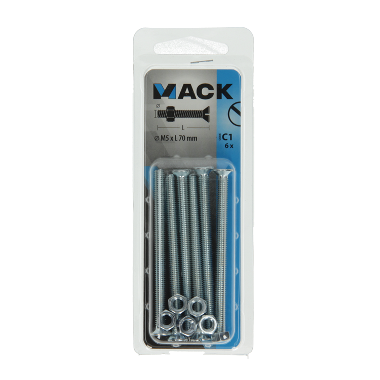 Mack 1017506 - vis à métal galvanisée. tête + écrou plaqué 6 pcs m5 x 70 mm | 10 pièces