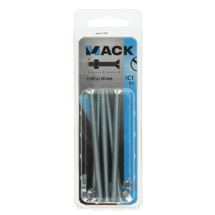 Mack 1017507 - vis à métal galvanisée. tête + écrou plaqué 5 pcs m5 x 80 mm | 10 pièces