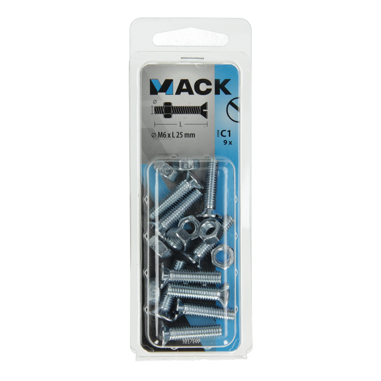 Mack 1017509 - vis à métal galvanisée. tête + écrou plaqué 9 pcs m6 x 25 mm | 10 pièces