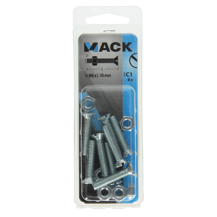 Mack 1017510 - vis à métal galvanisée. tête + écrou plaqué 8 pcs m6 x 30 mm | 10 pièces