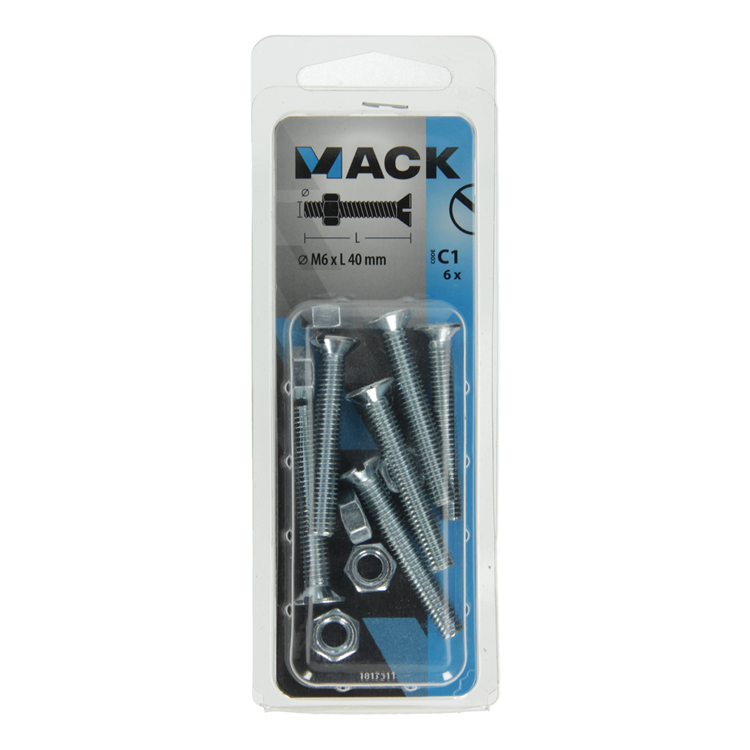 Mack 1017511 - vis à métal galvanisée. tête + écrou plaqué 6 pcs m6 x 40 mm | 10 pièces