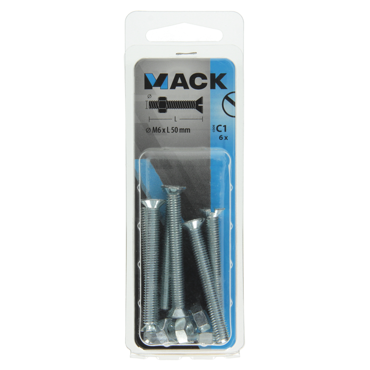 Mack 1017512 - vis à métal galvanisée. tête + écrou plaqué 6 pcs m6 x 50 mm | 10 pièces