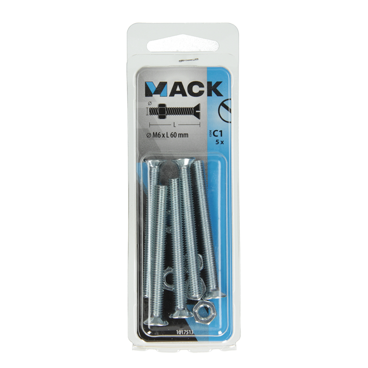 Mack 1017513 - vis à métal galvanisée. tête + écrou plaqué 5 pcs m6 x 60 mm | 10 pièces